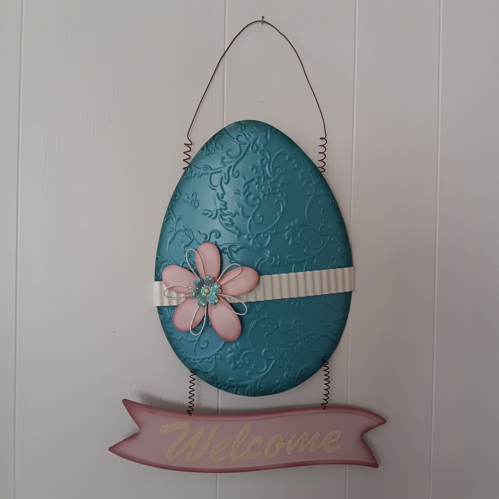 Teal Floral Egg Metal Wall Decor with Pink Welcome Banner
